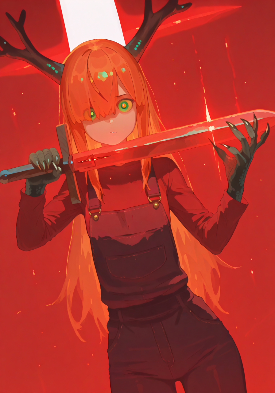 21498-2723587724-1girl, abstract, antlers, claws, fighting stance, green eyes, hair over one eye, holding, holding sword, holding weapon, horns,.png